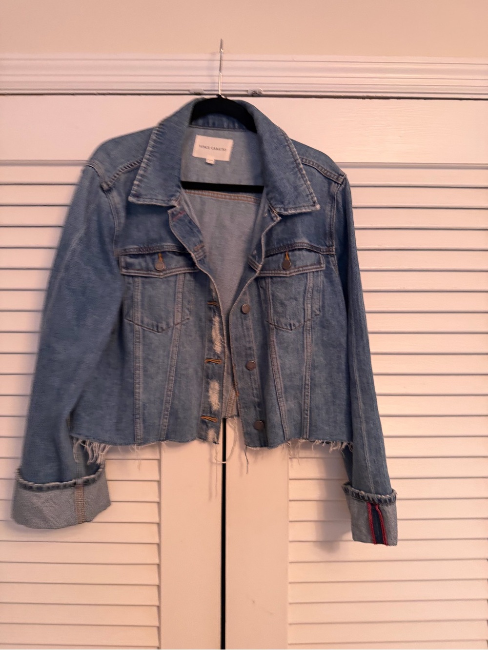 Vince Camuto Light Blue Distressed Cropped Denim Jacket